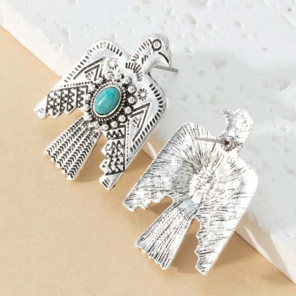 SOUTHWESTERN THUNDERBIRD FAUX TURQUOISE SILVERY EARRINGS 47 - Picture 2 of 2